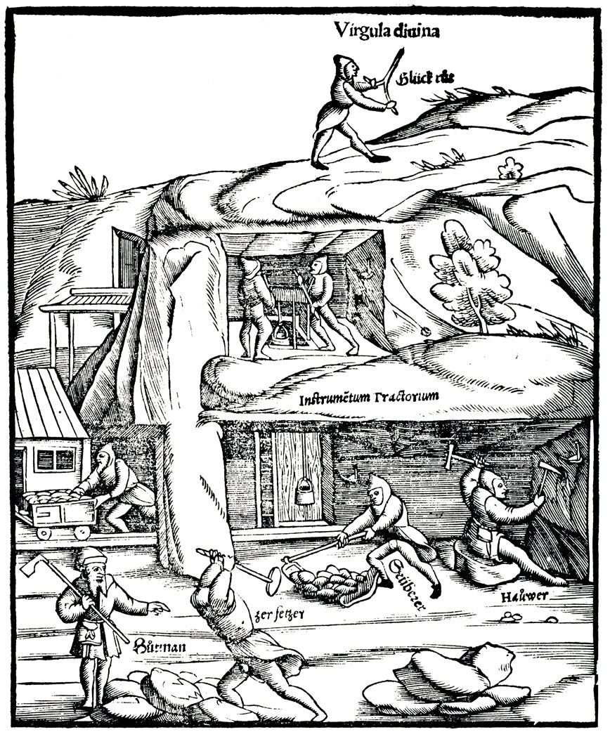 Vue en coupe d’une mine au 16e siècle. Fresque murale de R. Gall, d’après les dessins de Sébastien Munster (1545) – Reproduction CCVA.